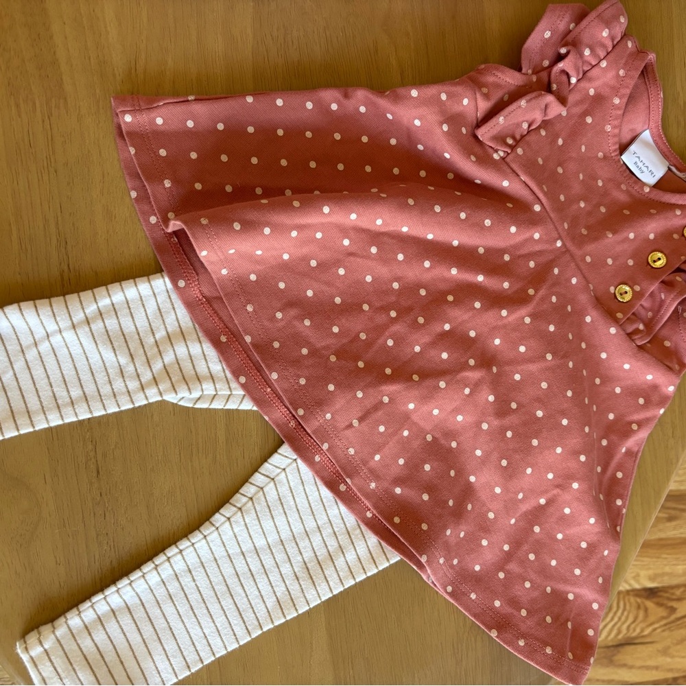 Pink Polka Dot Baby Dress & Striped Leggings Set